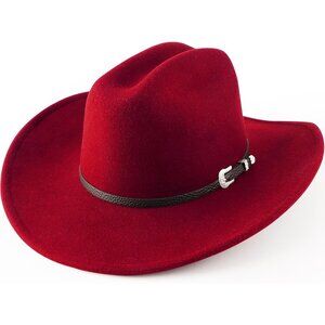 Women's Red Western With Brim Belt Buckle Classic Fedora Cowboy Felt Hat